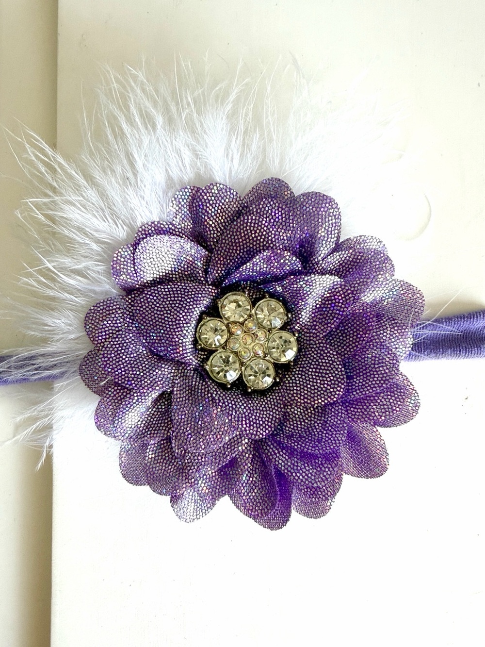 Purple Floral Feather Hair Elastic with Rhinestone Center for kids